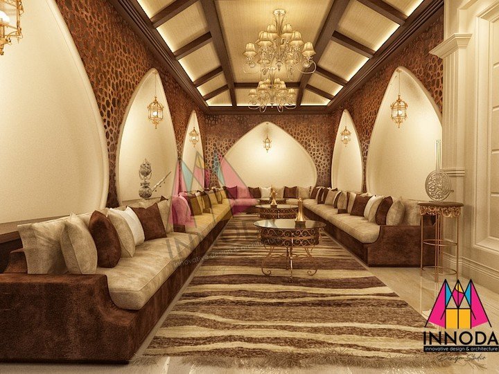 Magnificent royal banquet majlis with arched vaulted ceilings and custom divans